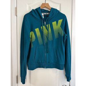Victoria's Secret PINK Women's Blue Green Logo Full Zip Hoodie - Size Large
